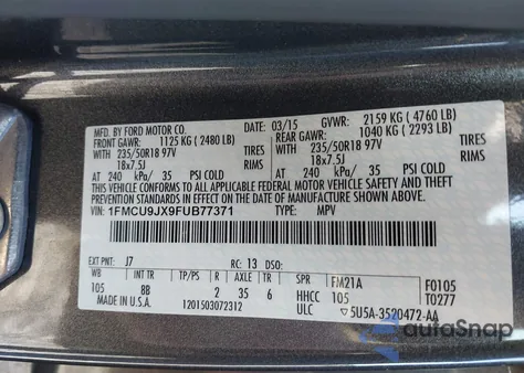 2015 Ford Escape Titanium z USA, uszkodzony, nr VIN 1FMCU9JX9FUB77371